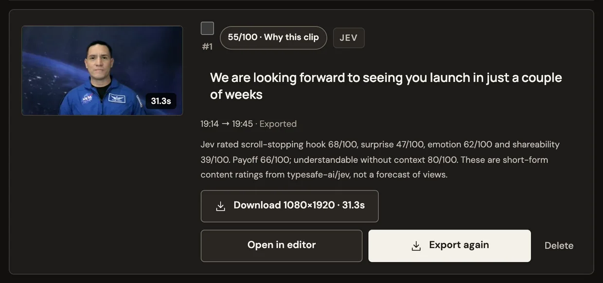 Loopline Clip, cropped: the top-ranked moment from a 20-minute NASA news conference, scored 55/100, from 19:14 to 19:45, with the reasons it was picked and download and export actions.