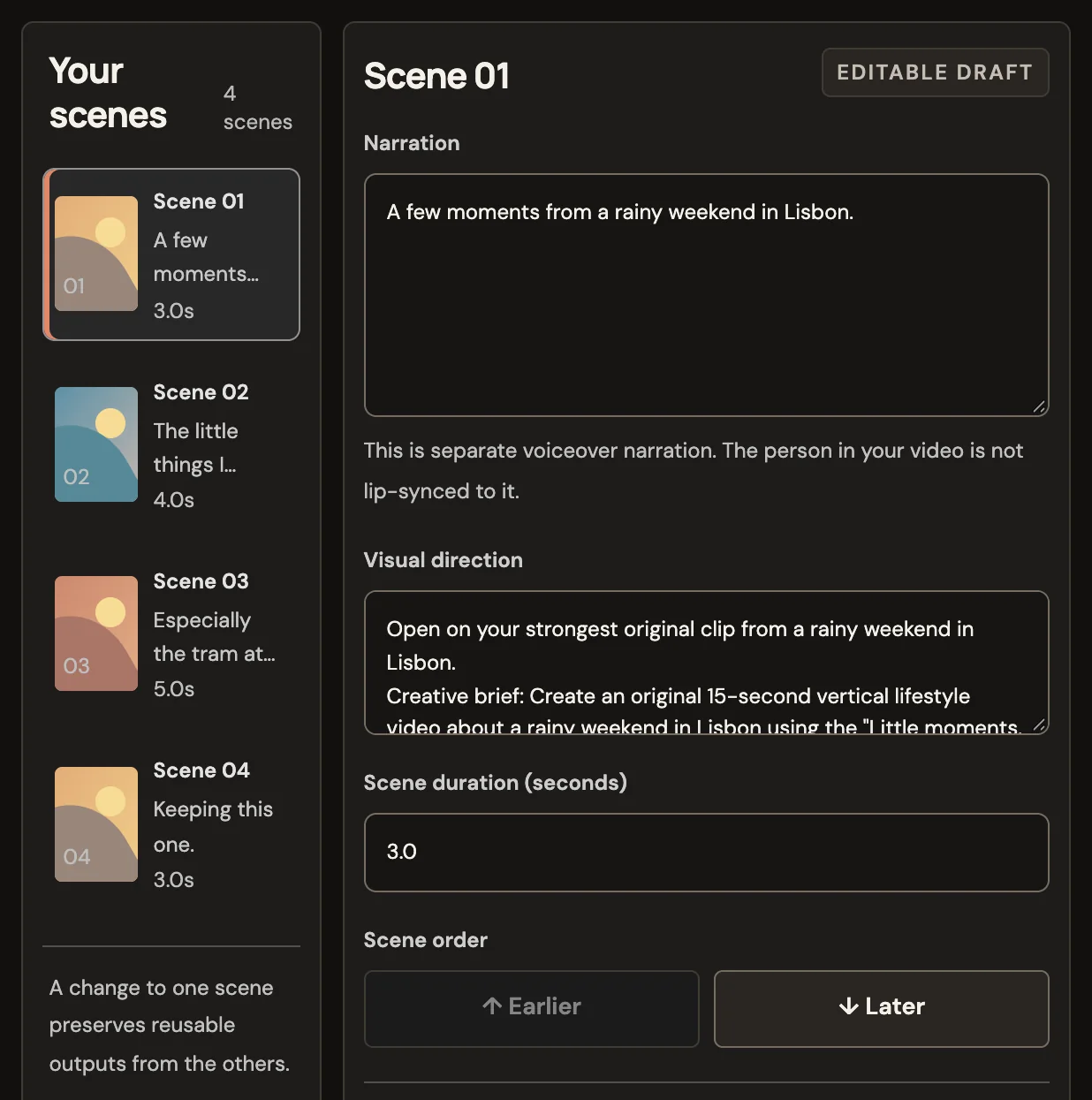 Loopline Create, cropped: the four scenes of a Little moments, lately draft about a rainy weekend in Lisbon, each with its line and timing, beside the Scene 01 narration, visual direction and duration editor.